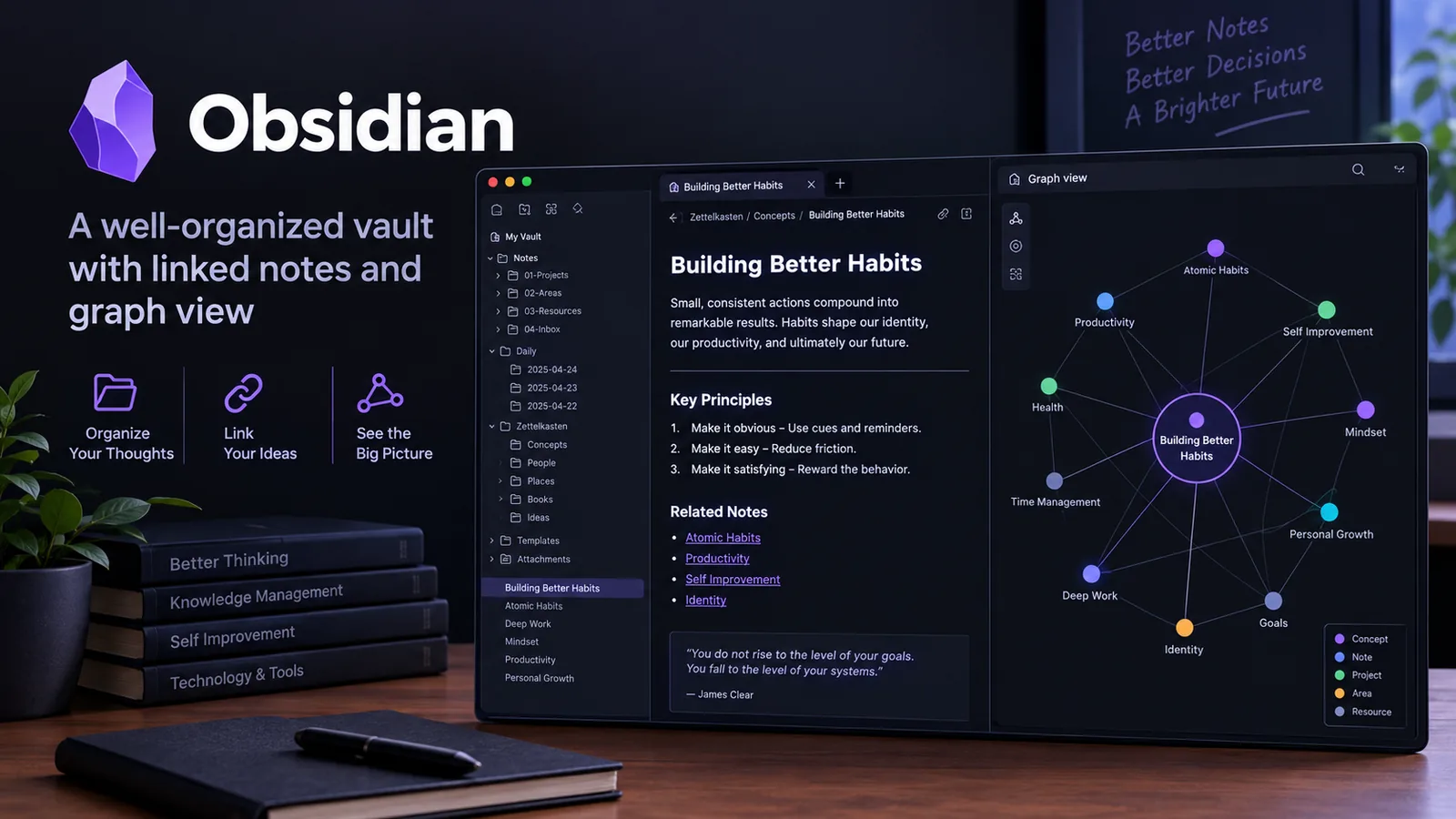 Illustration of an Obsidian vault with linked notes and a graph view.