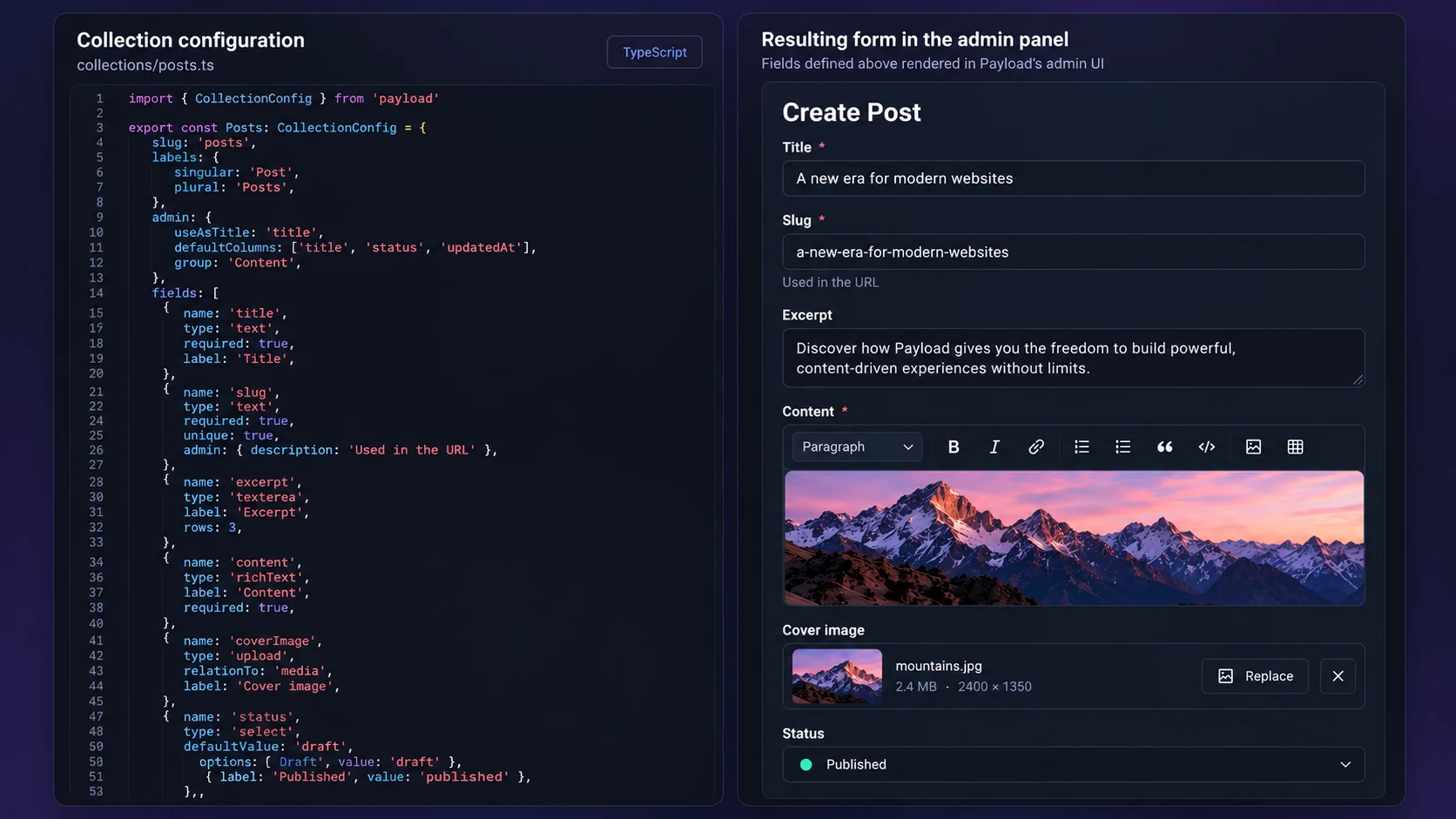 Illustrative Payload Posts collection configuration beside an editor form.