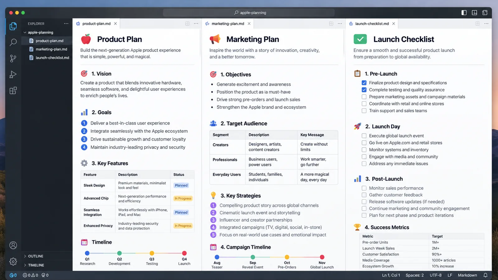 Illustrated editor workspace with product, marketing, and launch plans.