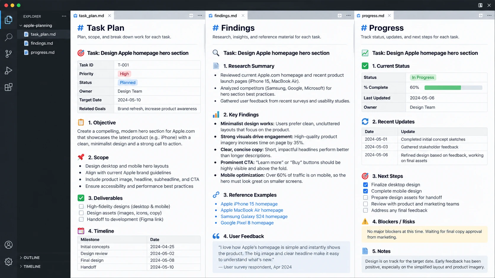Illustrative task_plan.md, findings.md, and progress.md views for a fictional design task.