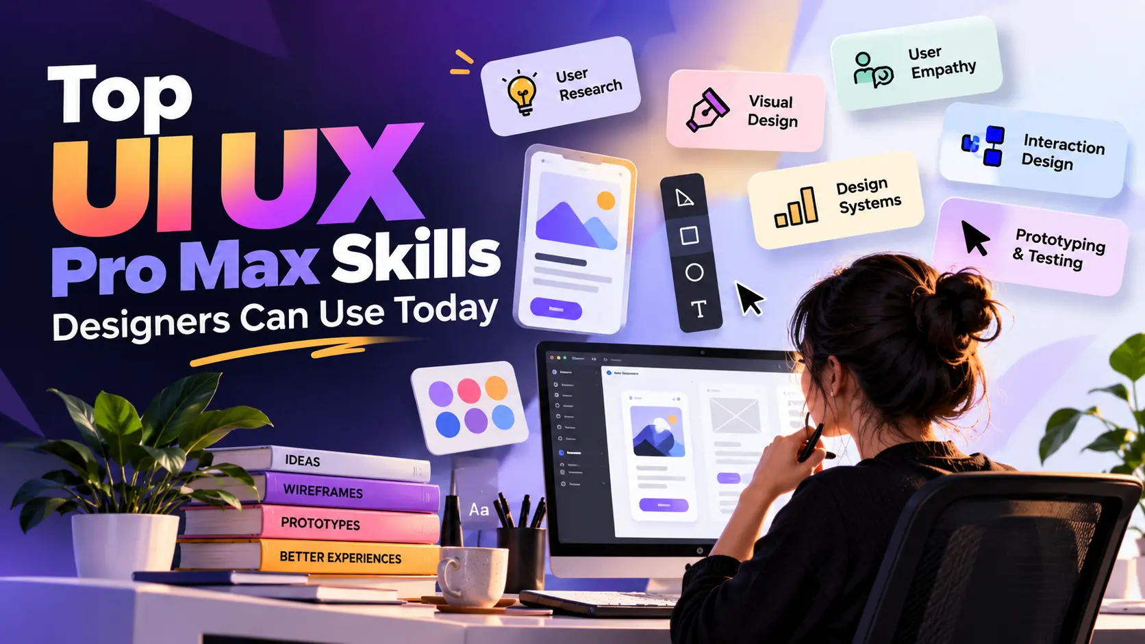 Top UI UX Pro Max skills illustration with a designer, interface mockups, and cards for research, visual design, interaction, and testing.