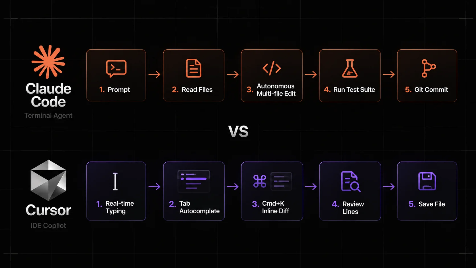 Diagrama de fluxo que ilustra o ciclo autónomo de terminal no Claude Code em comparação com o ciclo interativo no editor do Cursor