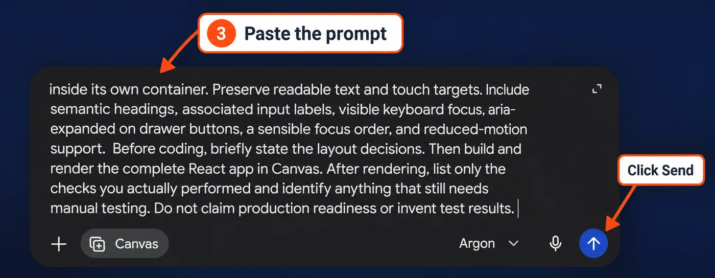 Schritt 3: den Prompt bei aktiviertem Canvas einfügen und auf den Sendepfeil klicken