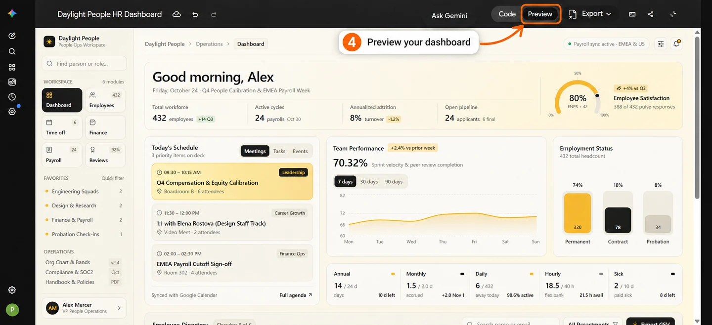 Schritt 4: Preview in Canvas öffnen und das React-Dashboard prüfen