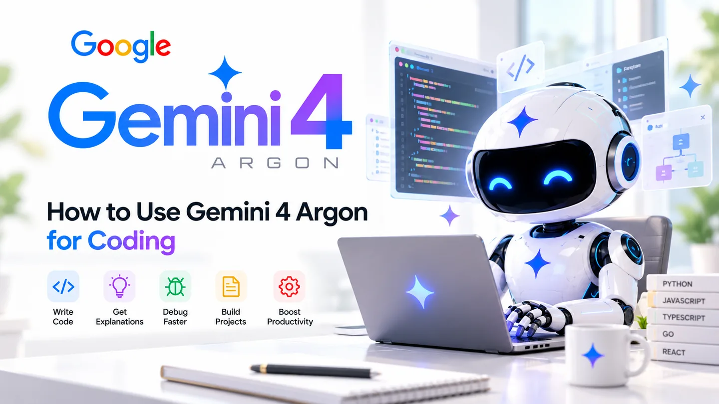 Illustration zum Programmieren mit Gemini 4 Argon mit Roboter, Laptop und Codefenstern